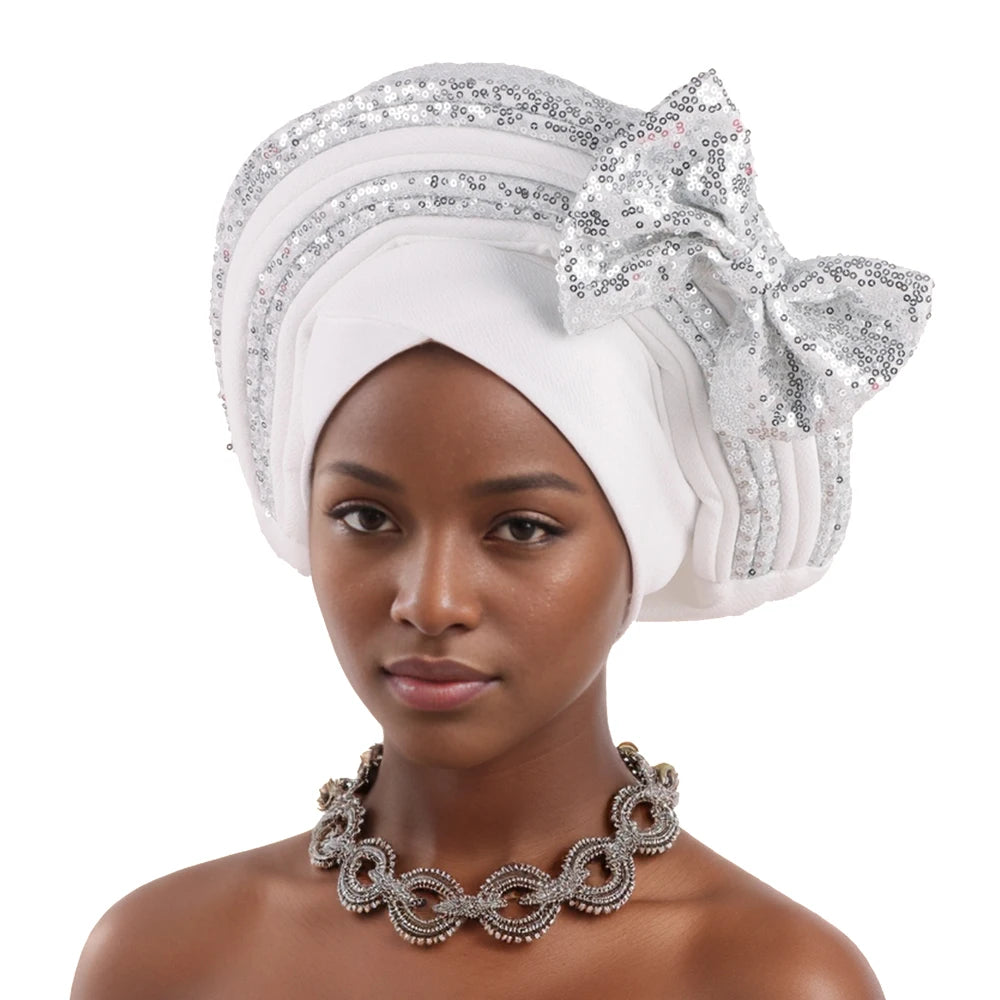 Sweet Bowknot Auto Gele Headtie for Women African Head Wraps Lady Party Headpiece Female Sequins Turban Cap
