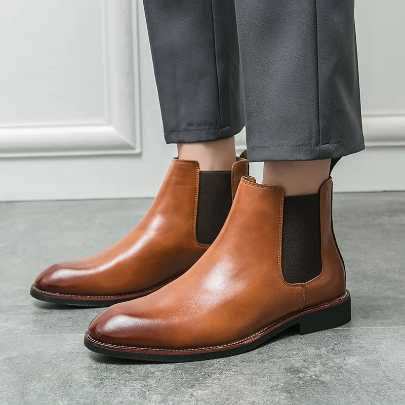 2025 Men's Fashion Chelsea Boots Classic Trendy Soft Leather Upper Non-Slip Rubber Sole Daily Casual Resistant Ankle Dress Boots
