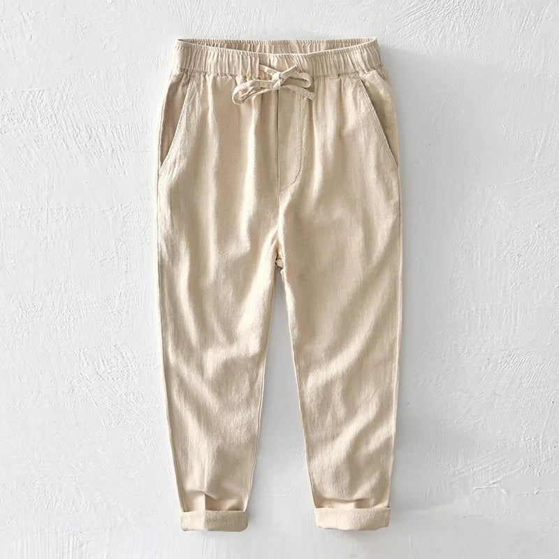 70% Linen,30% Cotton Men's Drawstring Elastic Waist Casual Pants, Straight Loose Ramie Trousers, Camping Fishing Comfortable