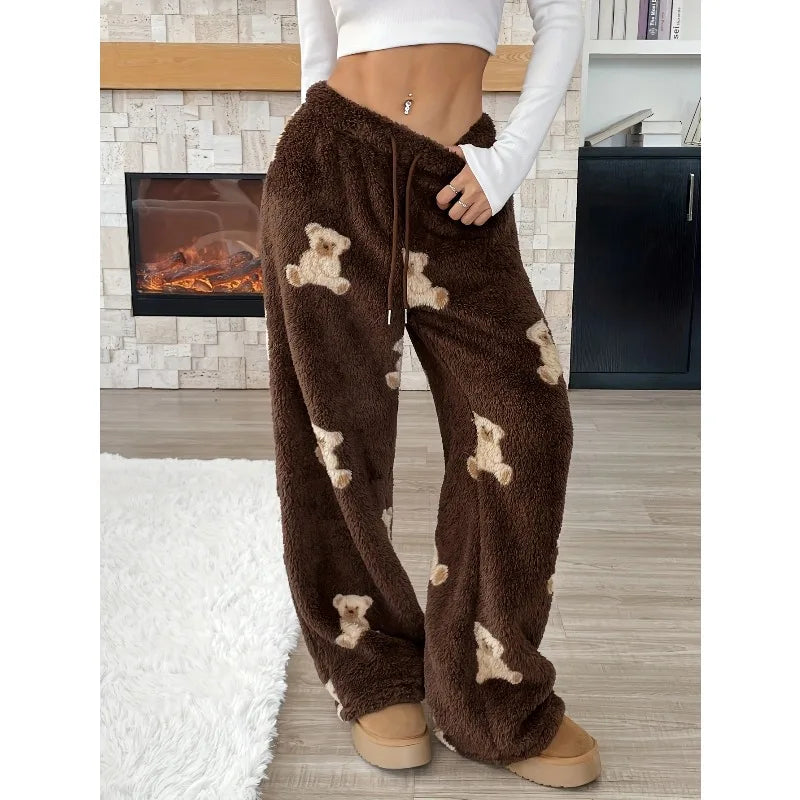 1pcs Autumn and Winter Fashionable Casual Pants, Bear Pattern Wide-leg Pants, Loose and Warm Women's Long Pants and Pajama Pants