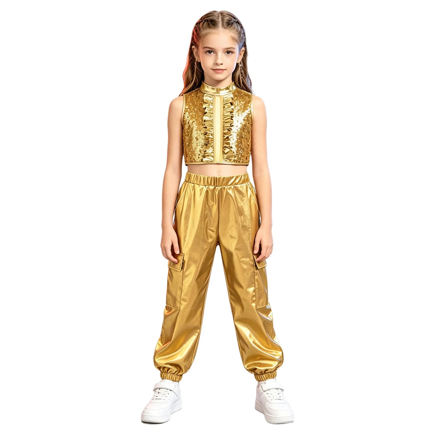 Kids Girls Disco Jazz Hip Hop Dance Outfit Sleeveless Shiny Sequin Ruffle Crop Top with Metallic Pants School Show Party Costume