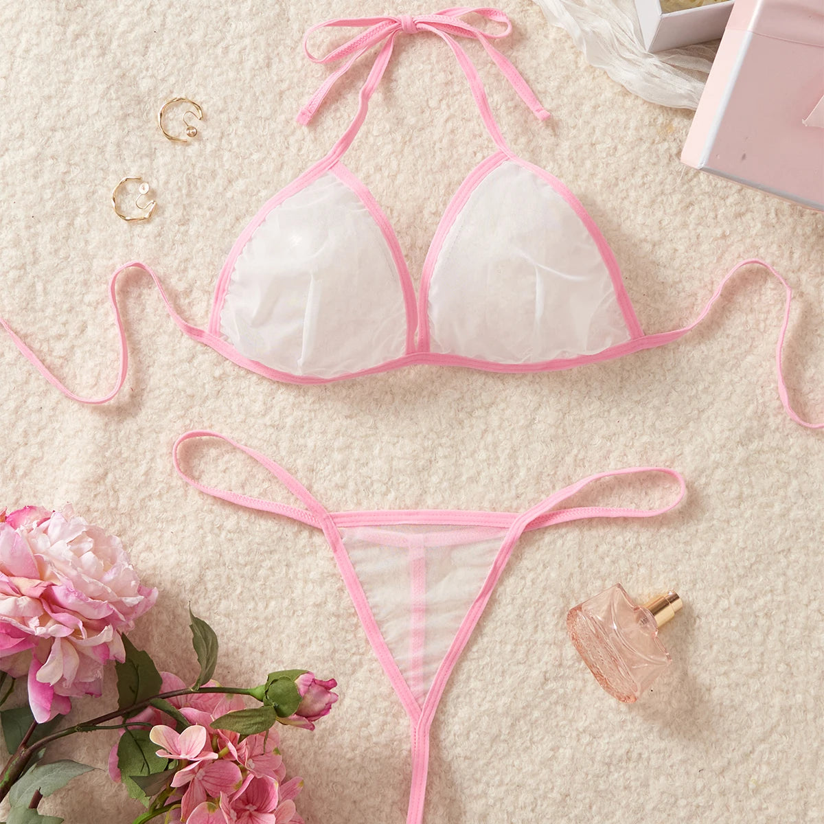 Pink Transparent Mesh Bikini Set See Through Cups Sexy Female Lingerie Hot Underwear For Women Erotic Costumes Bra & Thongs Sets
