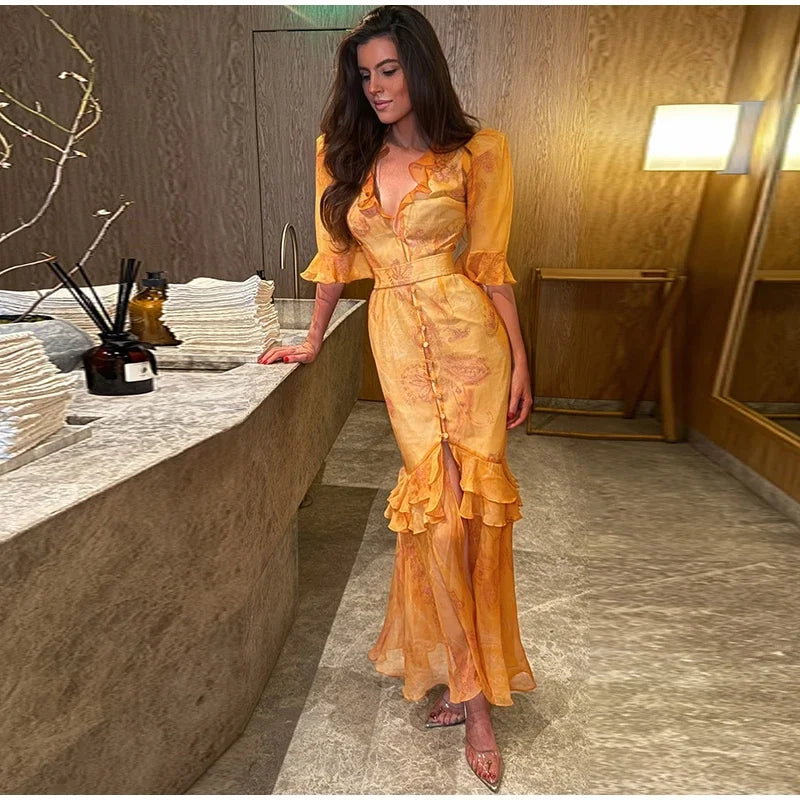 V Neck High Split Half Sleeve Slim Long Dress Print Waist Cinching Ruffle Hem Maxi Robes 2026 Women Party Vacation Vestidos