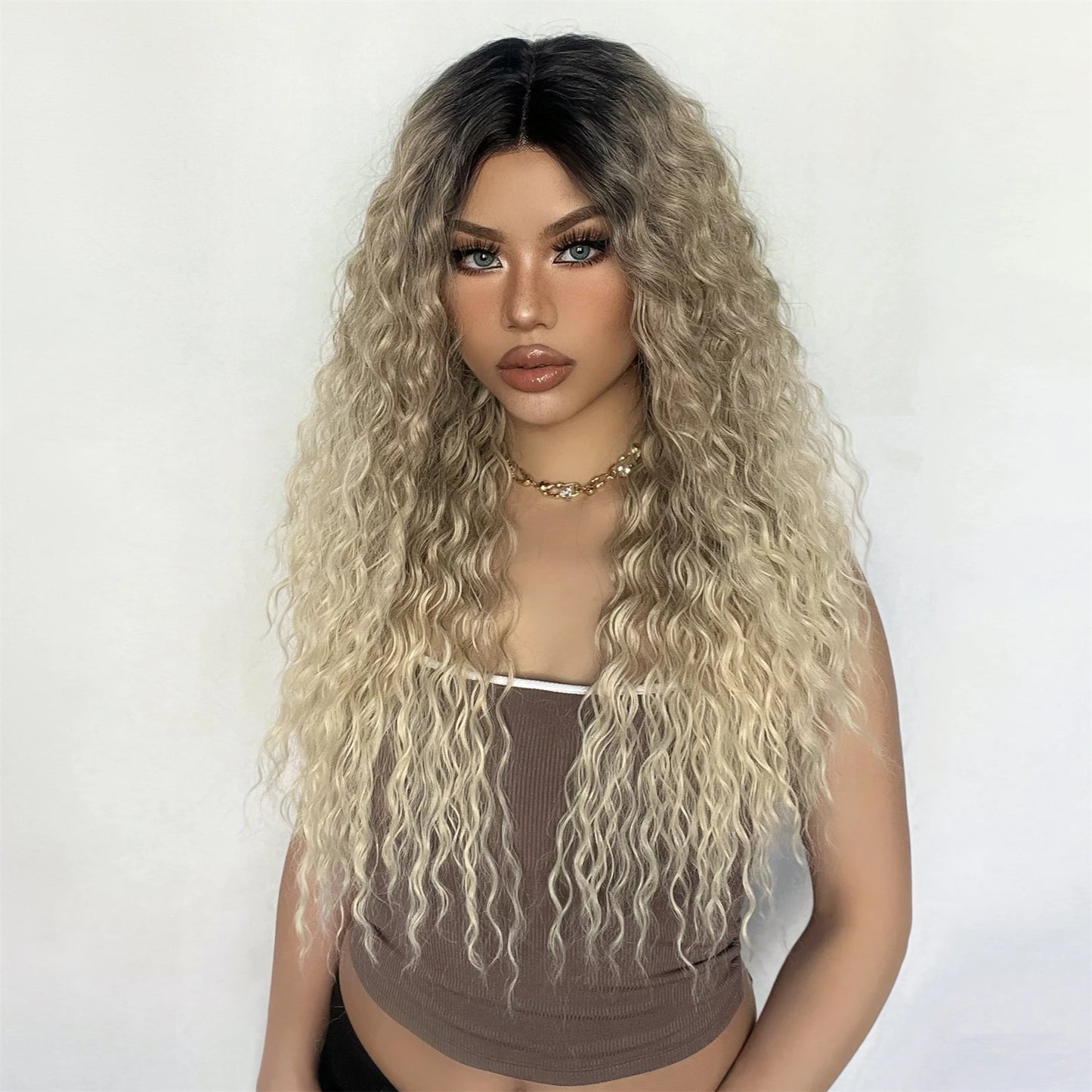 Long Afro Kinky Curly Lace Front Synthetic Wigs Brown Blonde Ombre Wig Dark Root Transparent Deep T Part Lace Wig for Women Use