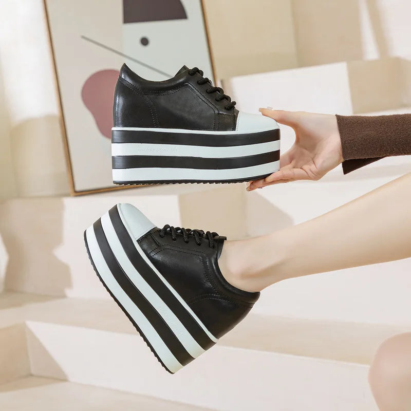 Fujin 12cm Genuine Leather Synthetic Women Autumn Spring Platform Wedge Women Fashion Sneakers Chunky Shoes Vulcanize Skateboard
