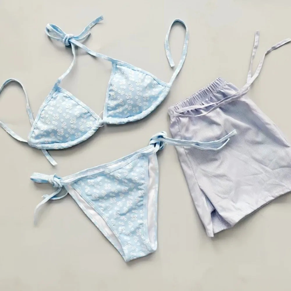 Lace-up Women's Swimwear Set Beachwear Sun Protection 4Pieces Bikini Swimsuit Loose Mesh Transparent Bathing Suit Resort Wear