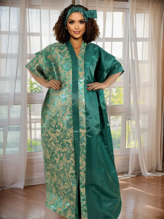 Embroidered V-Neck Kaftan Abaya Dress for Women - Modest Short Sleeve Split Hem Maxi Dress