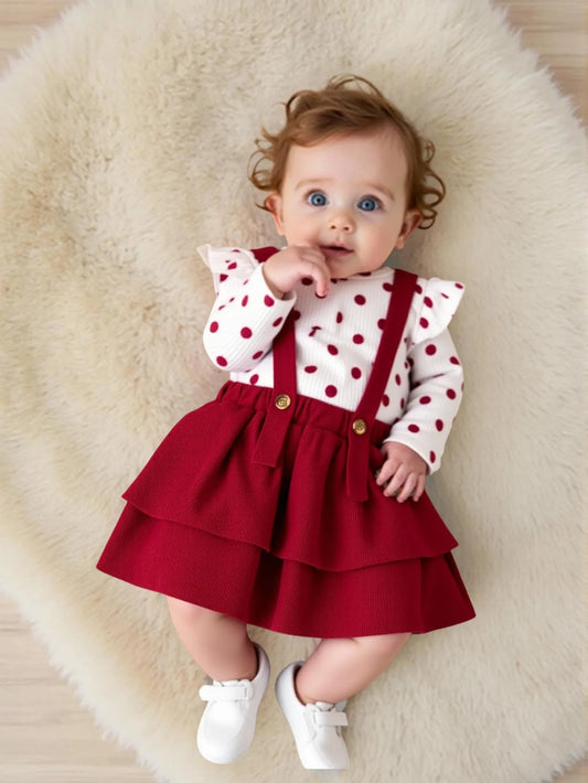 2 pieces of baby girl's cute round neck long sleeve romper and suspender shorts set (including hair accessories) autumn