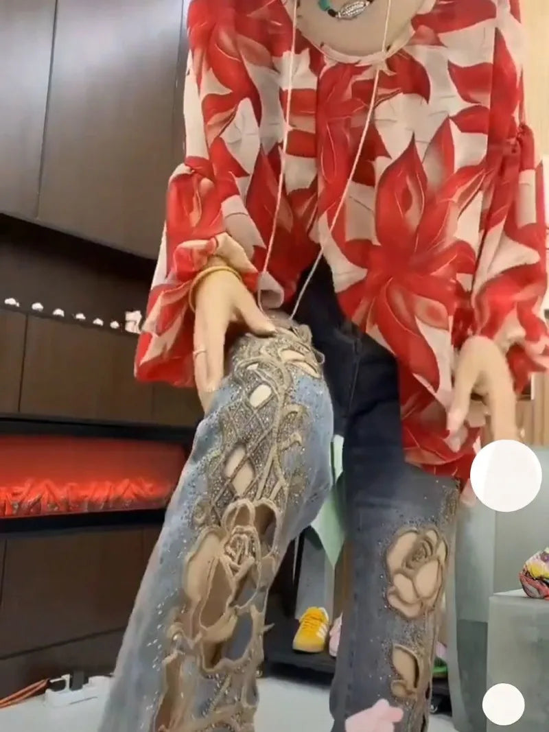 2025 Summer Women New Heavy Industry Hollow Embroidered Jeans Women High Waist Skinny Fashion Versatile Nine-Point Flared Pants