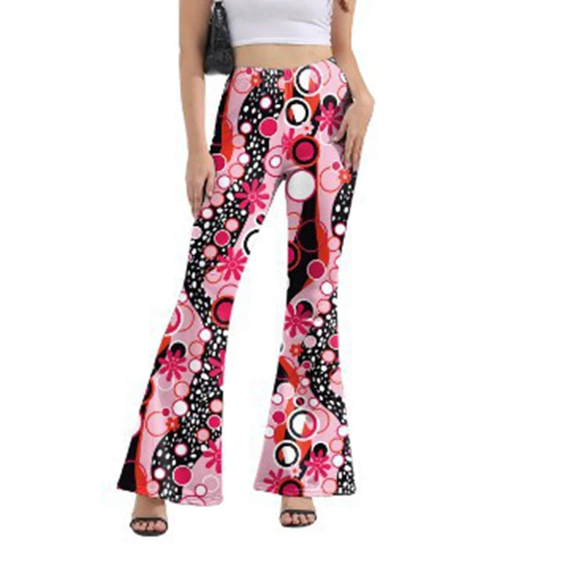 European and American fashion trend: tight-fitting, hugging the body, retro print, trendy style, micro-bell-shaped pants, high w