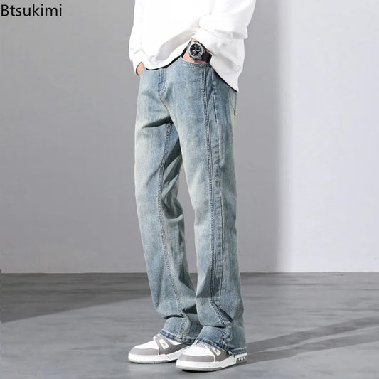 2026 New Mens Fashion Retro High Street Jeans Spring Summer Loose Casual Straight Leg Micro Flared Long Trousers Male Streetwear