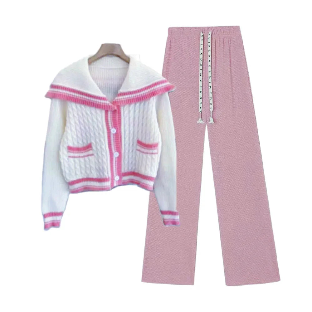 Knitted Spring Preppy Style Sailor Neck Women's Knitted Cardigan Elastic Wide Leg Pants Long Sleeve Korean Sportswear Set