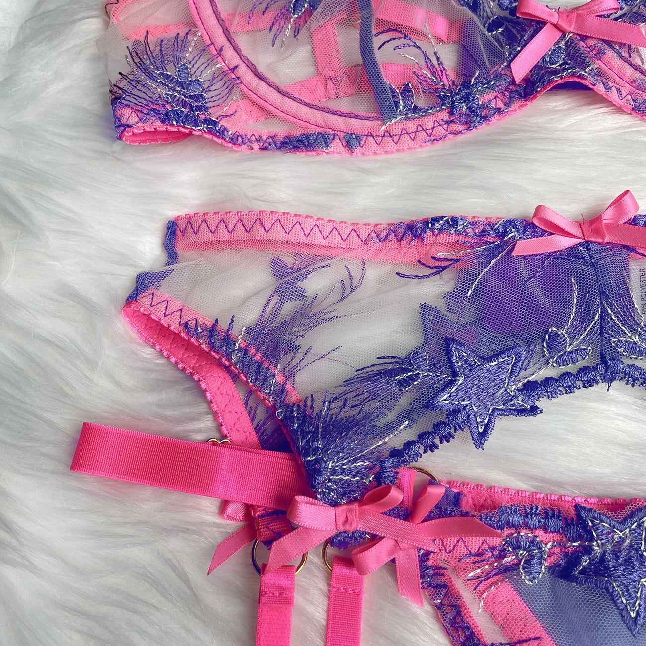 Women's Sexy Lingerie Set Pink Sheer Lace Underwear Set Floral Embroidery Garter Belt Fairy Outfit Sensual See-Through 3-Piece