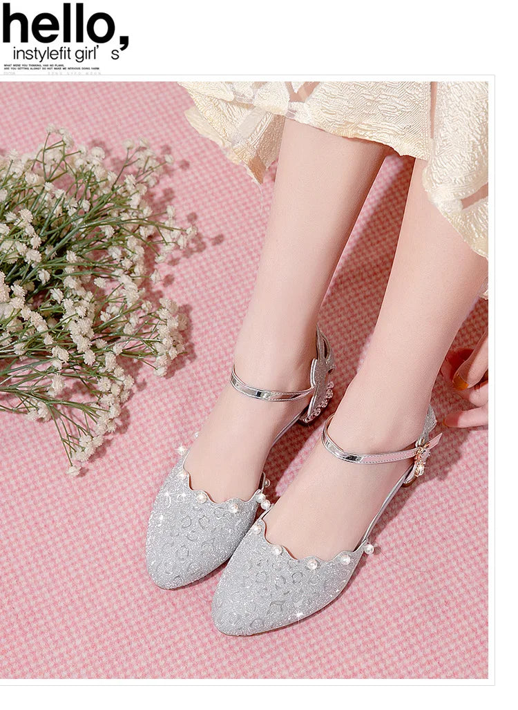 Princess Kids Leather Shoes Girls Sandal Sweet Pearl Casual Glitter Children High Heels Girls Party Dance Shoes Pink Gold Silver