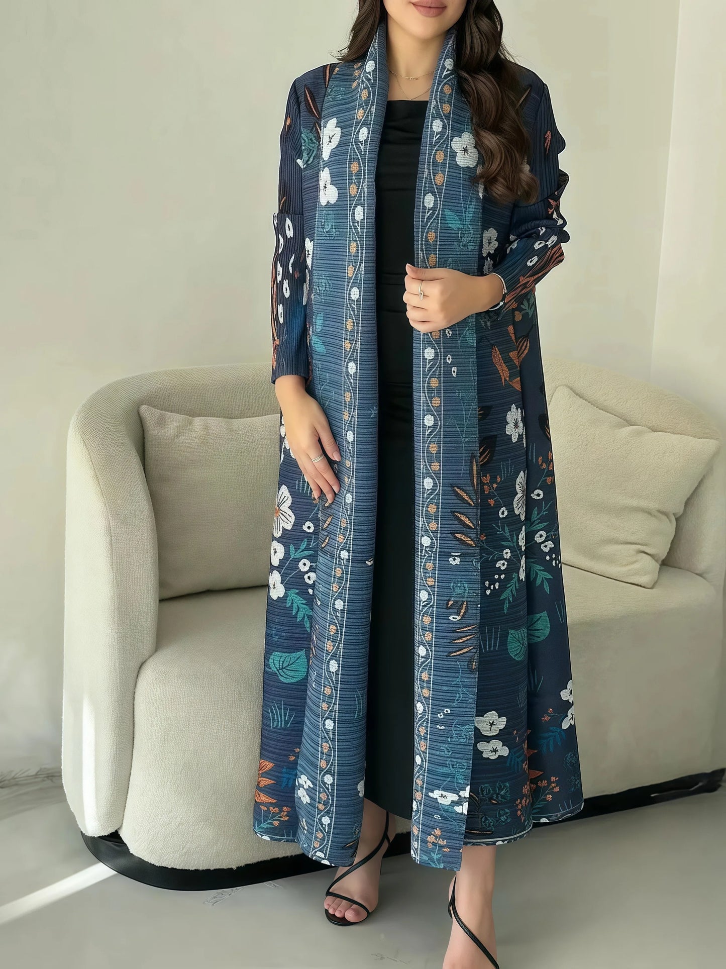 Miyake Pleated Abaya Print Foldable Collar Women's Long Sleeve Robe 2024 New Winter Original Design Fashion Cardigan Coat