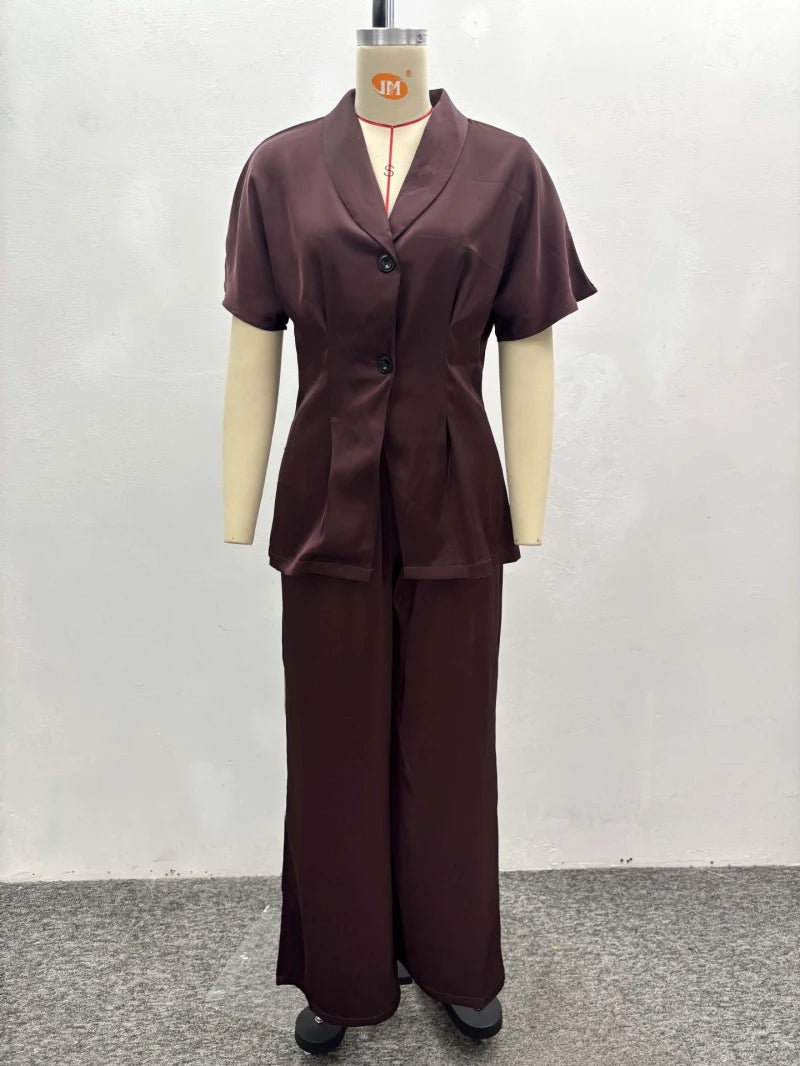 African Fashion Women Two Piece Set Turn Down Collar Short Sleeve Patchwork Shirt and Pants Set