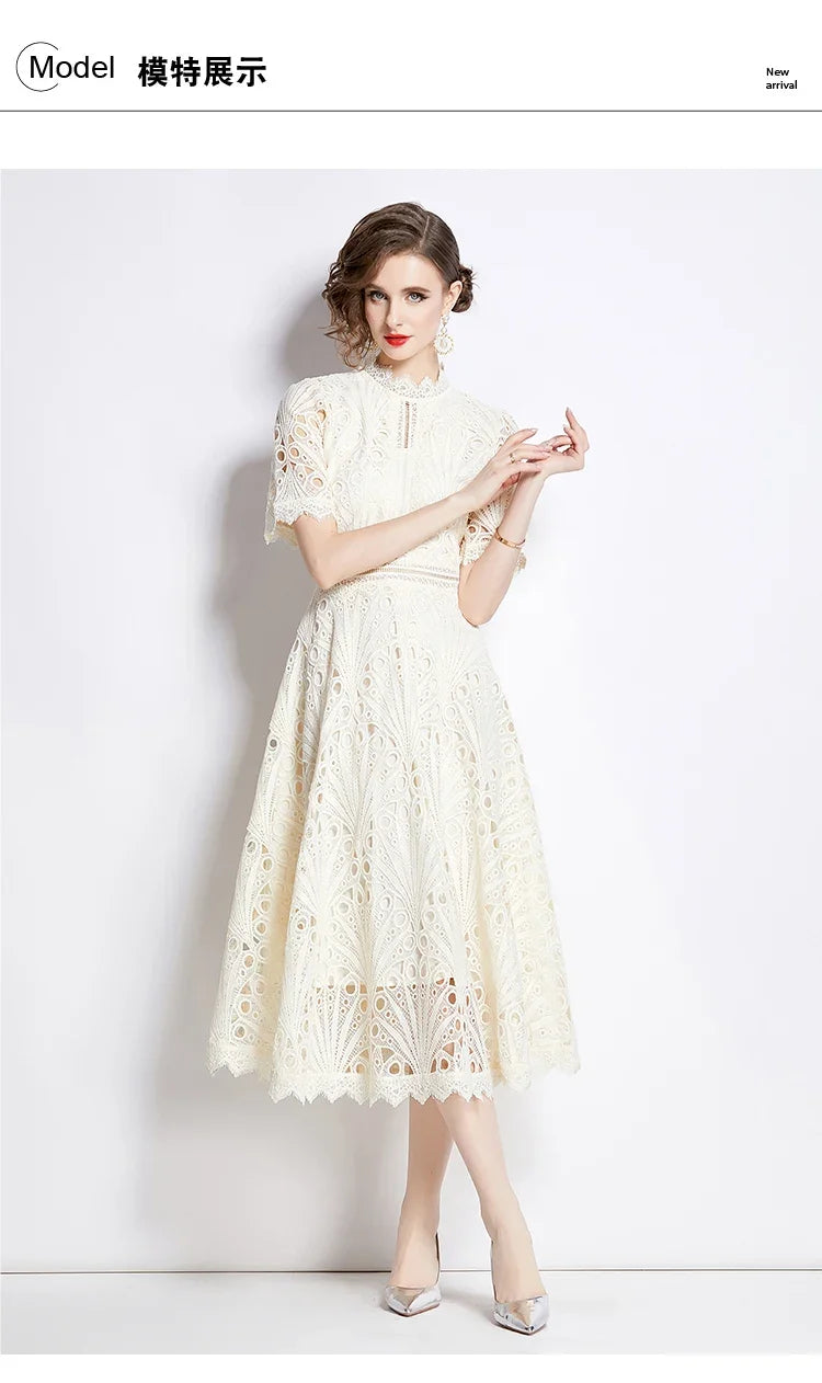 SMTHMA Vintage High-End O-Neck Short Sleeve Lace Hollow Out Dress For Women's Summer Slim Elegant Long Dress Female Clothing