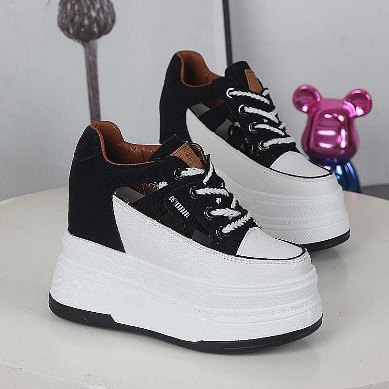 Spring and Summer Platform Casual Shoes Ultra High Heels Increase 12CM Small Hollowed Breathable Sandals