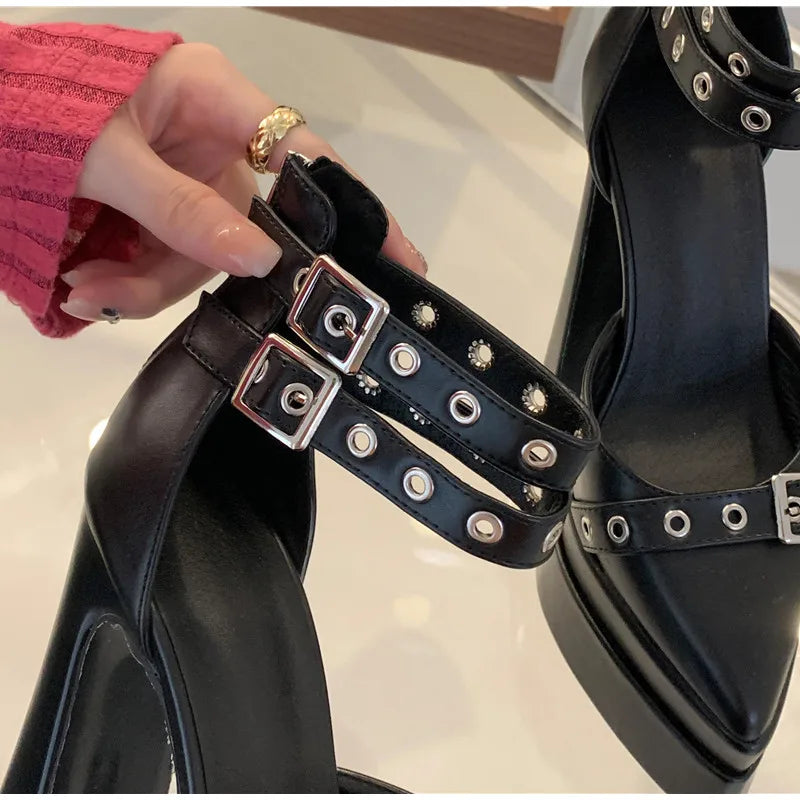 Runway style 15cm Ultra High heels Platform Wedges Women Pumps Fashion Rivet Ankle Strap Thick Heeled Spring Summer Chunky Shoes