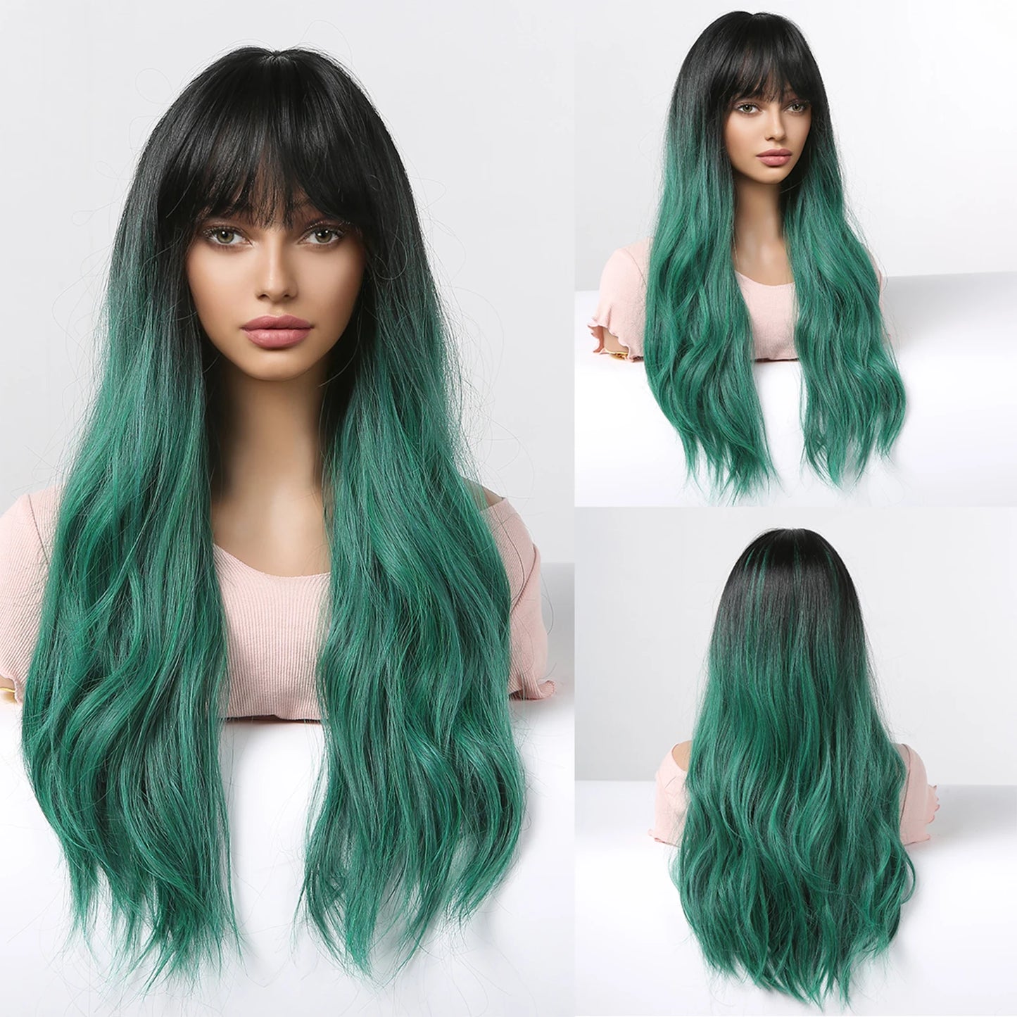 Long Wavy Silver Ash Ombre Cosplay Synthetic Wigs Natural Curly Gray Black Hair Wig with Bangs for Women Afro Heat Resistant
