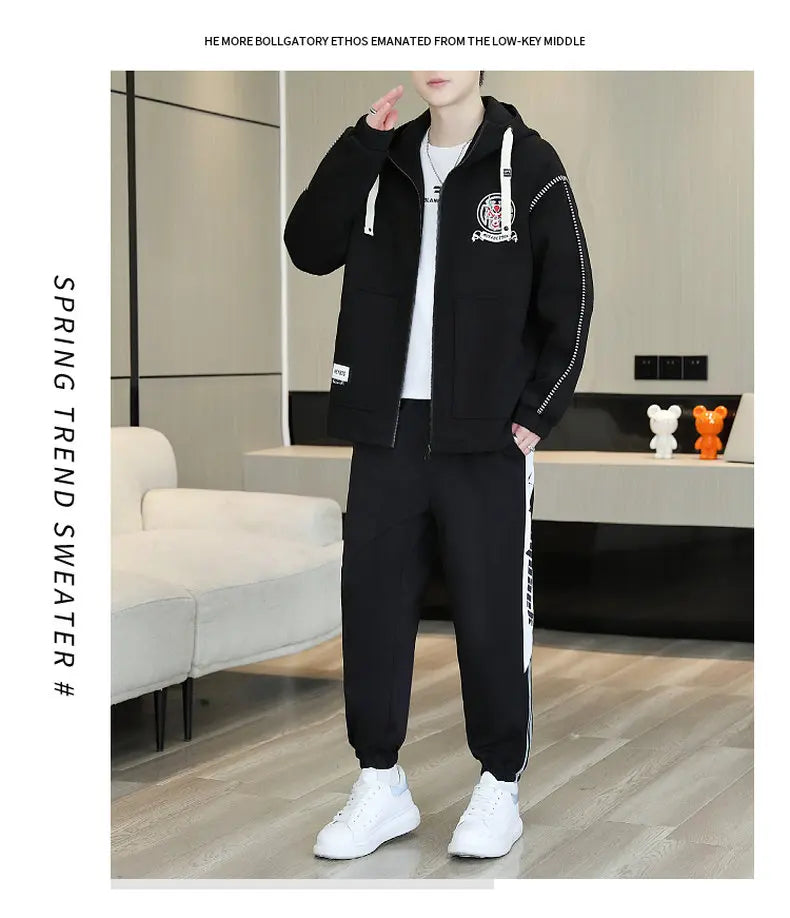 Hooded Jackets And Pants Two Piece Men's Sets 2026 Spring Autumn Youth Streetwear Tracksuits Outdoor Top Coats & Jogger Clothing
