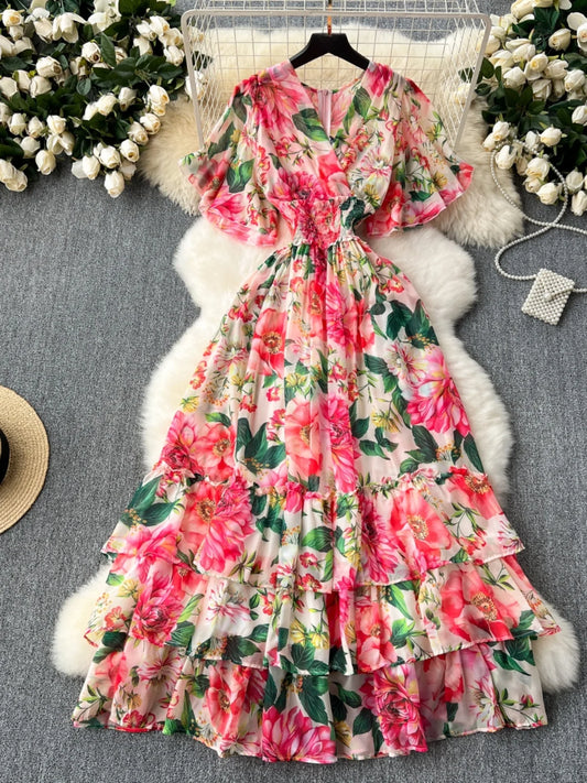 Elegant Floral Print Maxi Dress Chiffon Skirt Spring New Style Korean Version High Waist A-Line Summer Commute Suitable
