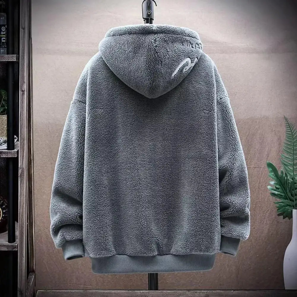 Faux Sherpa Thickened Men Jacket Zipper Closure Pockets Hooded Jackets Casual Thickened Sherpa Lining Winter Warm Men's Jackets