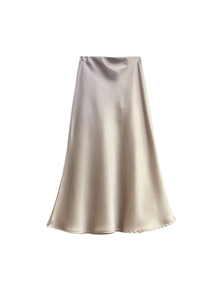 Elegant Women's Skirts High Waist Silk Satin A-line Skirt Lady Fashion Solid Color Purple Long Skirts for Women Fashion 2026