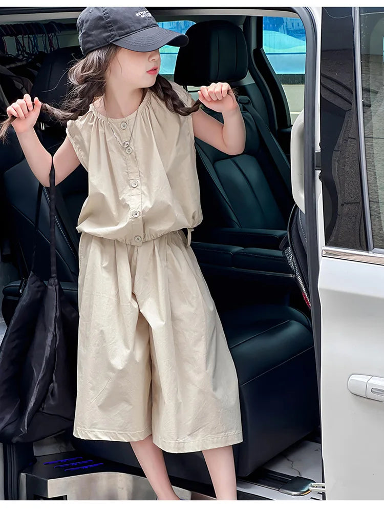 2025 Girls Summer Casual Outfit Big Kids Short Sleeve Top Capris Pants Two Piece Set Matching Big Kids Fashion Suit Holiday Wear