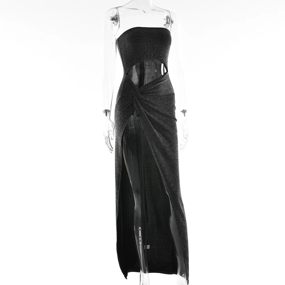 Cryptographic Summer Sexy Strapless Cut Out Slit Maxi Dress Elegant Outfits for Women Sleeveless Glitter Twist Dresses Vestido