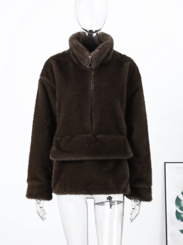 Luxury Faux Fur Hooded Pullovers Women's Loose Full Sleeve Stand Collar Pocket Coats 2025 New Autumn Winter Ladies Solid Outwear