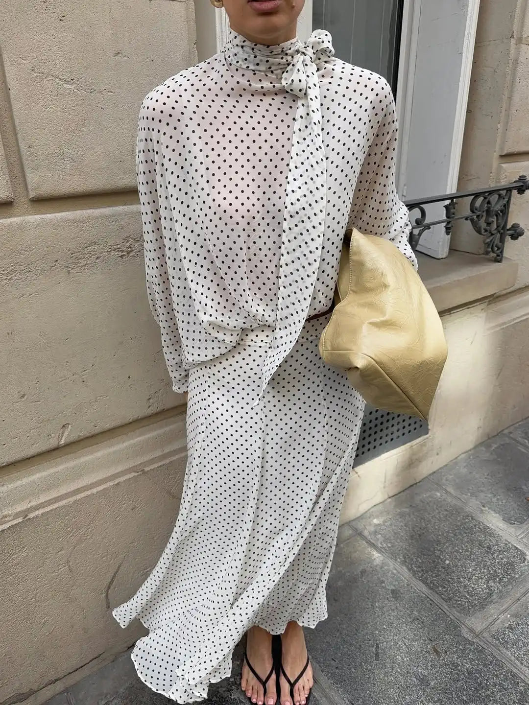 Polka Dot Skirt 2 Piece Set Women Casual High Collar Tie Full Sleeves Elastic High Waist Long Skirt Suit Lady Daily Outfit New