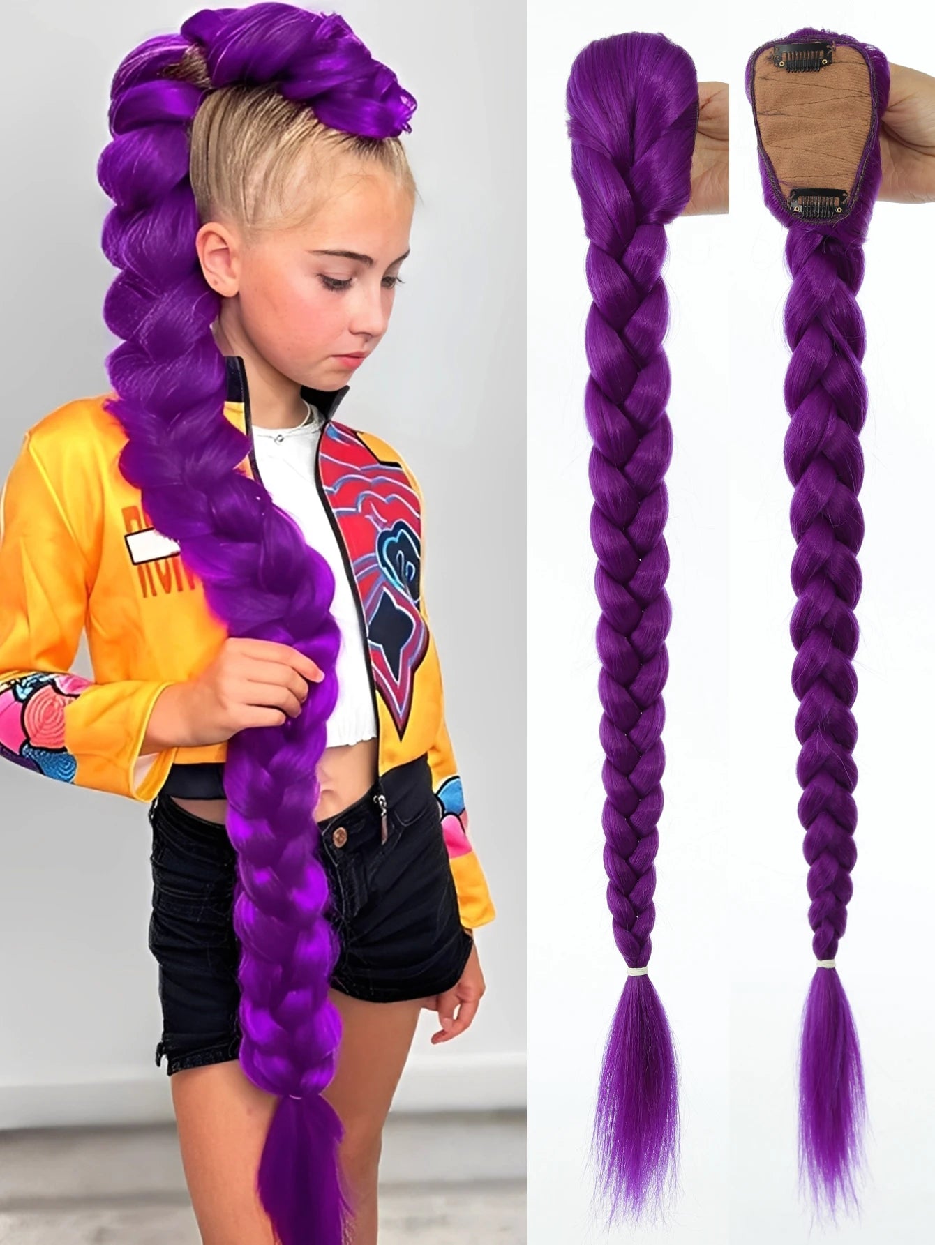 Synthetic 26inch Long Ponytail with Clips Braided Purple Hair Ponytail Rumi Costume Hairstyle for Kids Girls Halloween Christmas