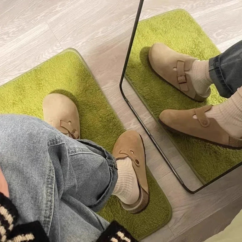 Summer Retro Birken Style Brown Faux Suede Flat Slippers Fashion Round Toe Platform Mules Outdoor Woman Soft Sole Cork Slides