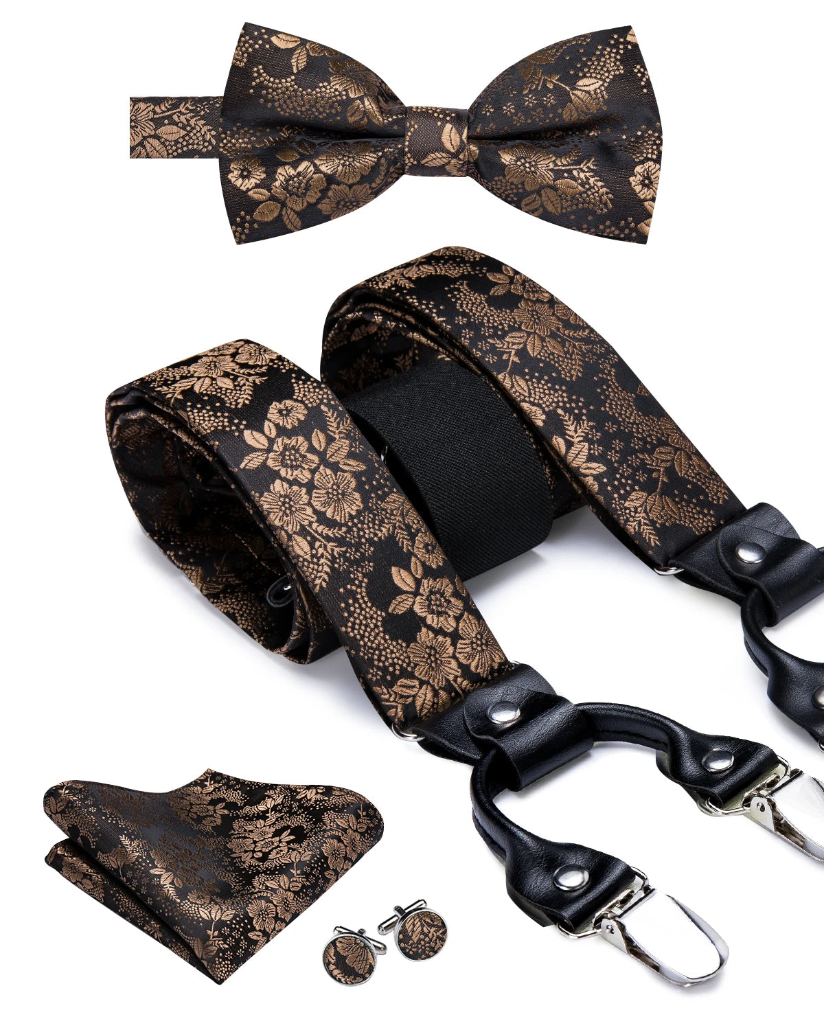 Hi-Tie Silk Adult Men's suspenders Set Leather Metal 6 Clips Braces Gold Brown Floral Vintage Men Fashion Wedding Suspenders Men BAZAARHUBO