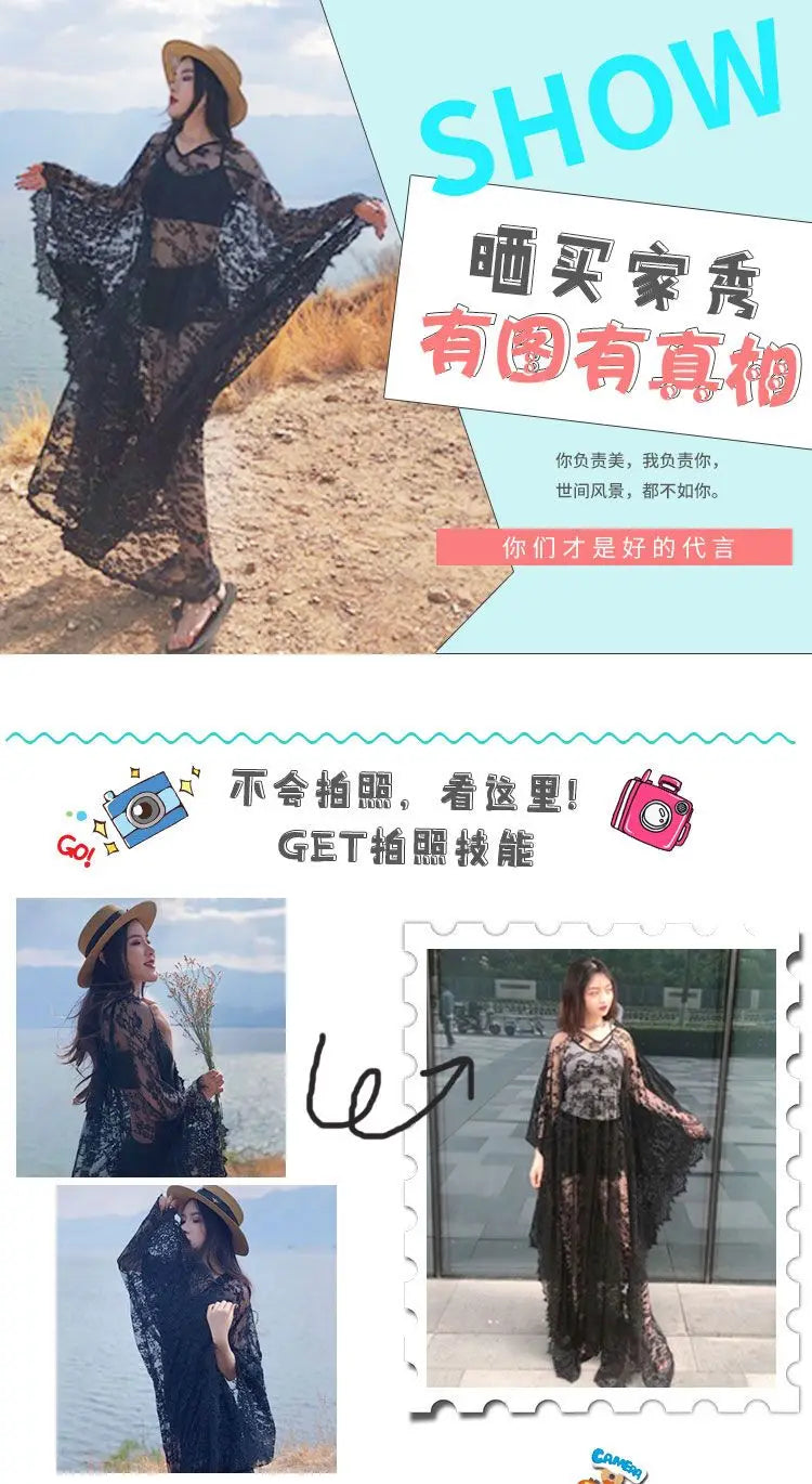 Sexy Lace Beach Bikini Cover Up Robe Pareo Beachwear Swimwear Women Dress Black White Swimsuit Hollow Out See-through Vacation