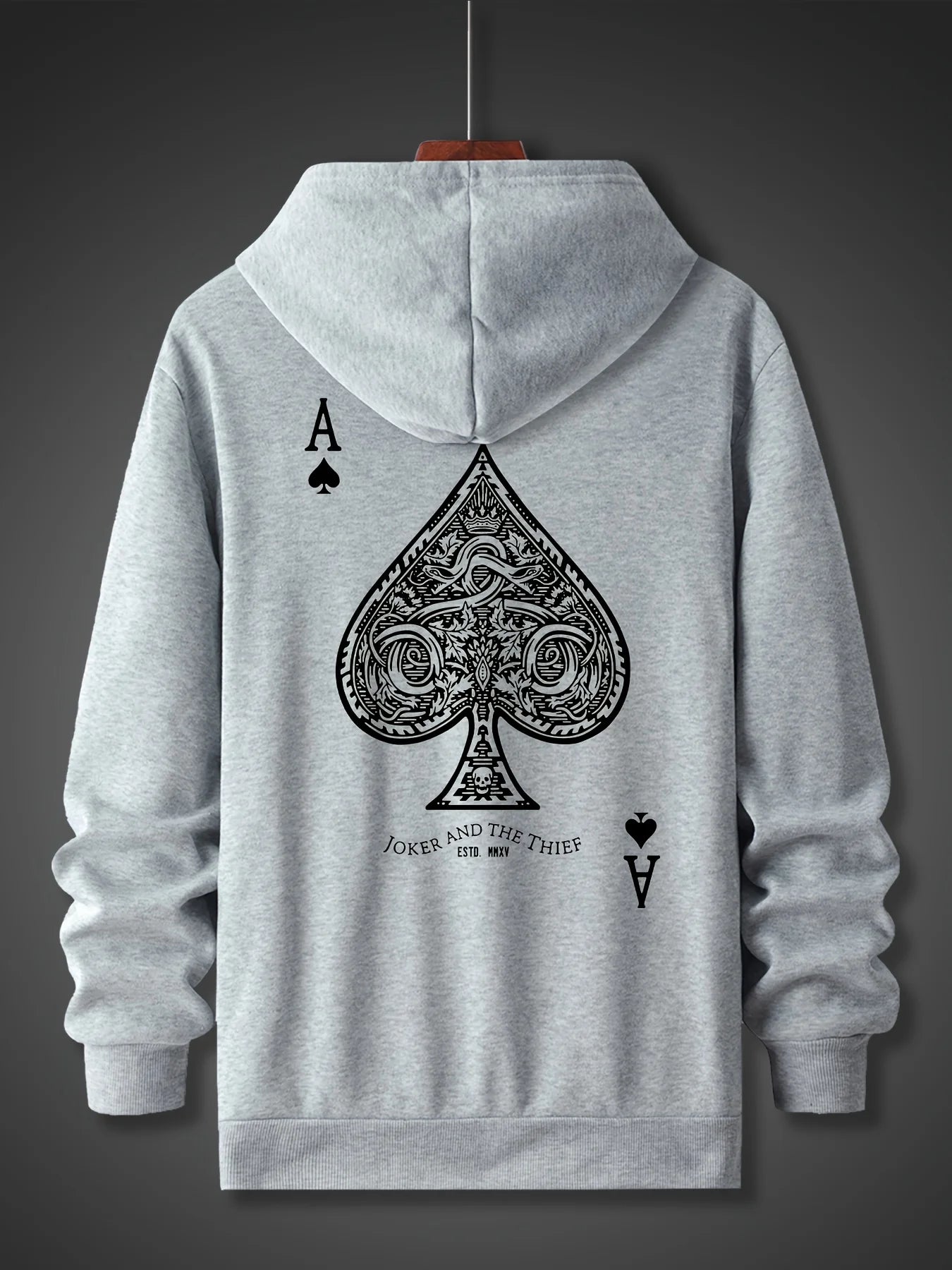 Men's autumn and winter casual fashion loose back poker card A graphic printed long sleeved hooded sweatshirt warm pullover BAZAARHUBO