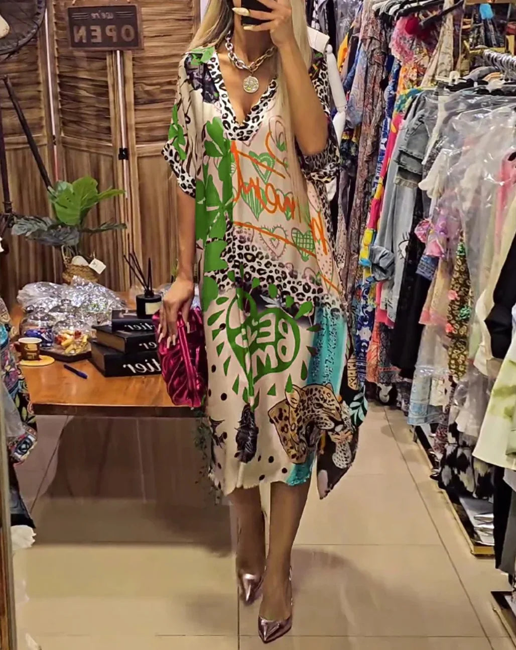 Leopard Print Shirt Dress Women Loose V Neck Summer Mid Calf Polyester