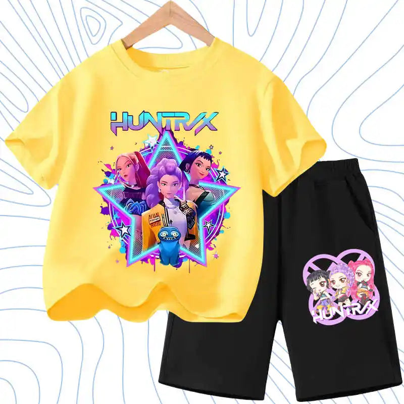 Kids Fashion Outfits Teen Children's O Neck Short Sleeve Tops Shorts 2pcs Summer Girls Casual T Shirt Sets K POP Cartoon Printed