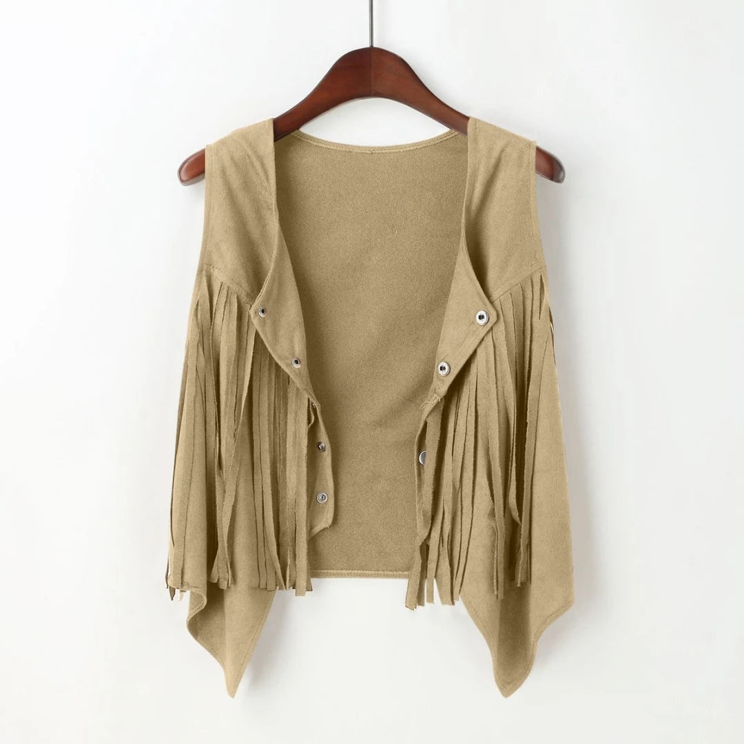 Women Faux Suede Ethnic Sleeveless For Jacket Rivet Fringe Tassels Hippie Open Front Cardigan Vintage Cowgirl Waistcoat Vest