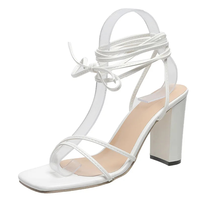 2024 women's summer oversized women's shoes wearing square toe tie up high heels, cross tie up sandals women's slippers