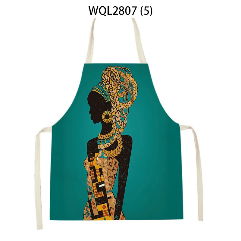 African Style Kitchen Aprons Linen Cooking Waist Bib African Woman Pattern Household Cleaning Sleeveless Pinafore Baking Aprons