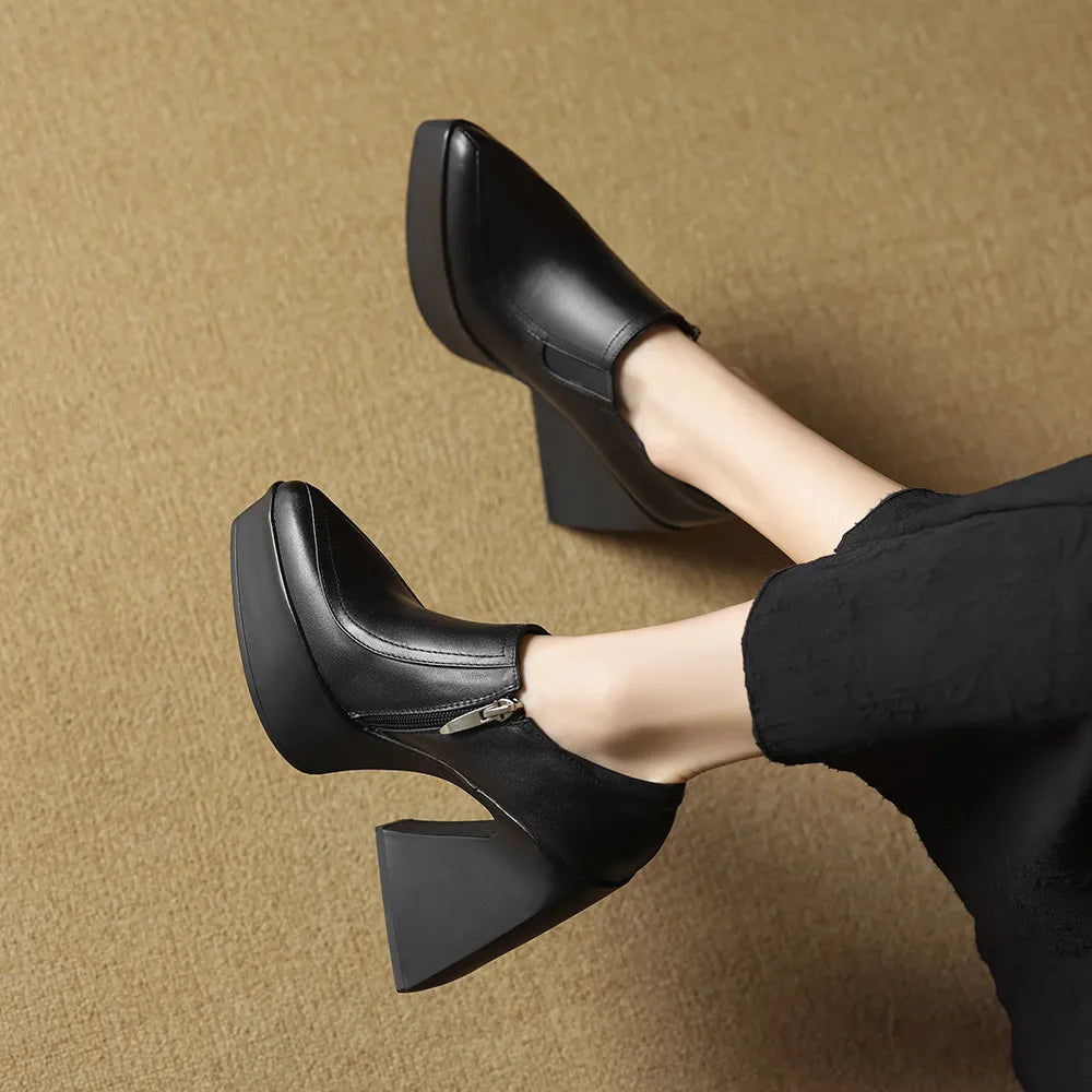 Aucegi New Spring Autumn Women Genuine Leather Pumps Classic Style Pointed Toe Platform Chunky Heel Retro Zipper Handmade Shoes