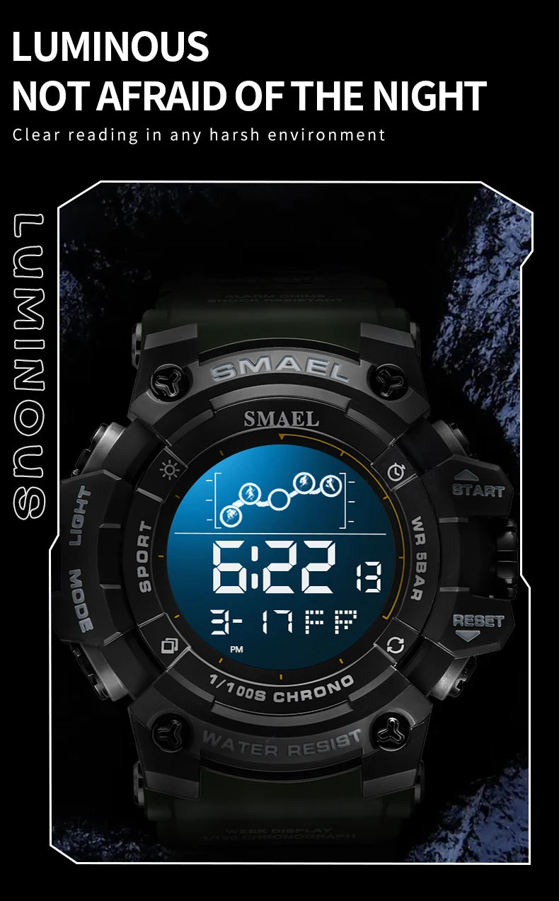 SMAEL Digital Watch LED Alarm Clock Military Watches Big Dial Digital Wristwatches 8082 Sport Watches for Men
