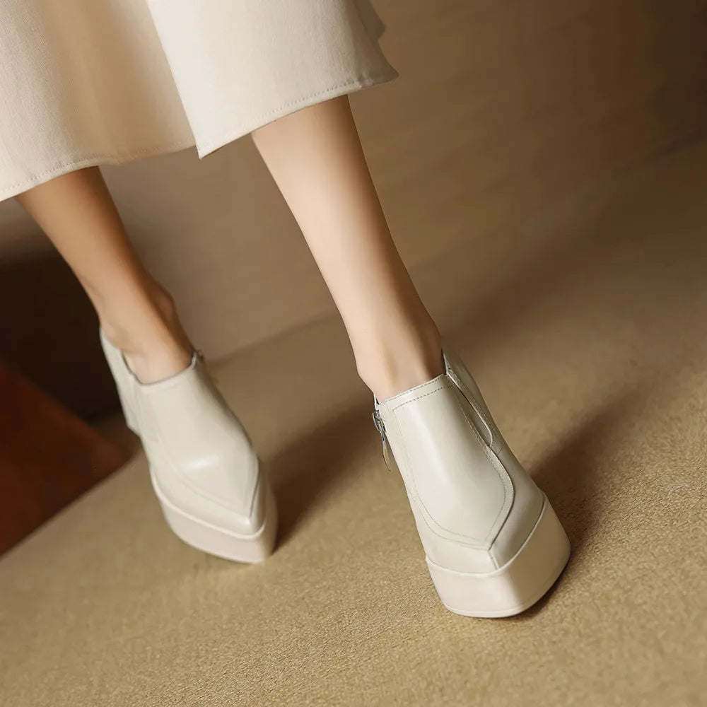 Aucegi New Spring Autumn Women Genuine Leather Pumps Classic Style Pointed Toe Platform Chunky Heel Retro Zipper Handmade Shoes