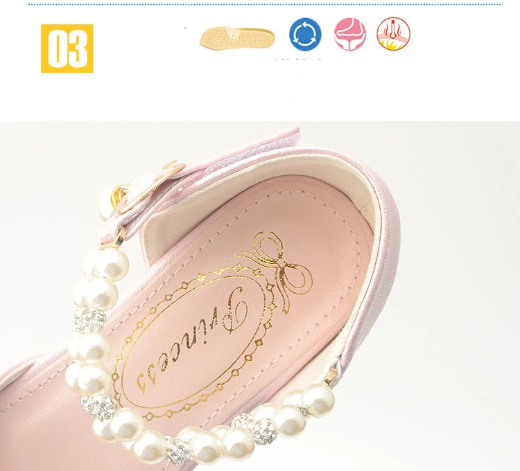Pink Black White Party Wedding Shoes Children's High Heels Girl Shoe Elegan Pearl Princess Dress Girls Heel Shoes Child 2024 New