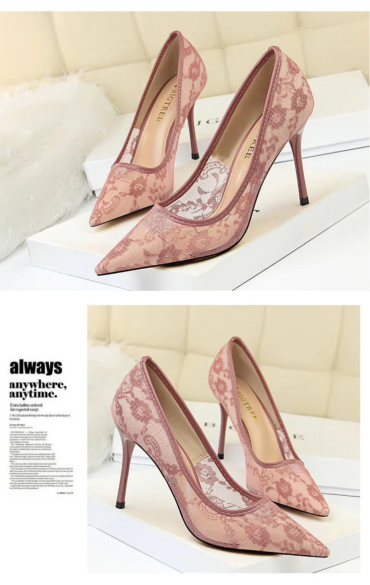 Women Fashion Sexy Pumps High Heels Shoes Female Sexy Wedding Shoes Ladies Stiletto Women New Pointed Toe Mesh Hollow Lace Heels