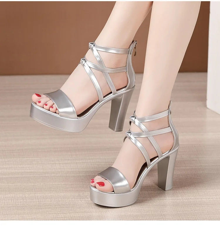10cm Small Size 32-43 Elegant Bandage High Heels Gladiator Sandals Summer 2024 Silver Red Wedding Shoes Platform Office Model
