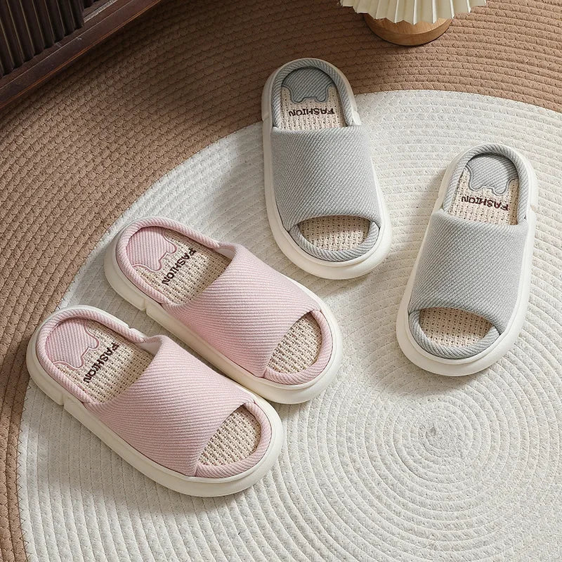 Couples Home Linen Slippers Women Indoor Soft Comfortable Bedroom Slides Men Leisure Non Slip House Shoes Platform Cotton Flats