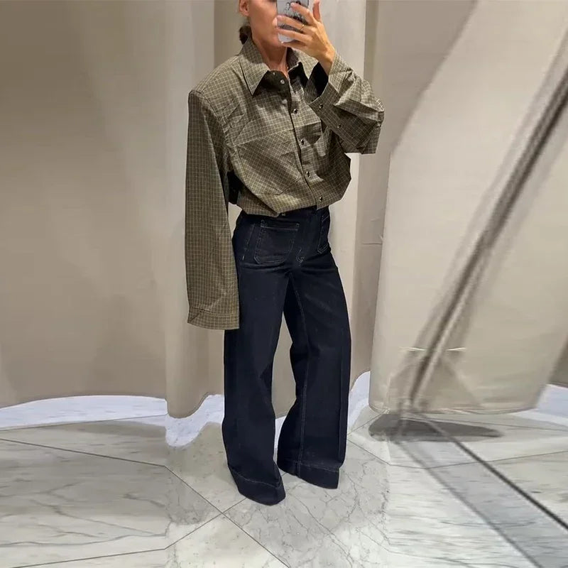 Casual Women's Green Plaid Shirts Loose Lapel Long Sleeve Single Breasted Pockets Female Shirt 2025 Autumn Lady All-match Tops